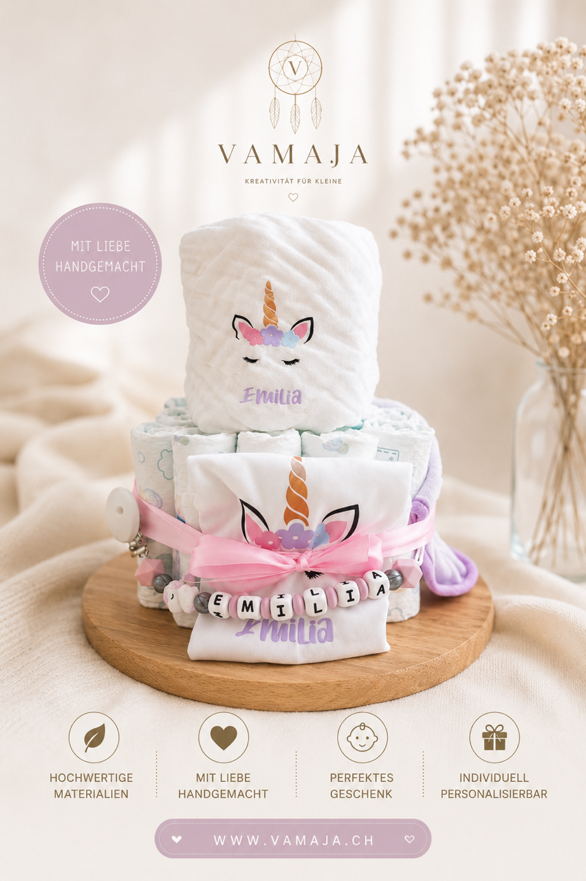 Personalisierte Windeltorte mit Nuggikette Einhorn-Motiv von VAMAJA
